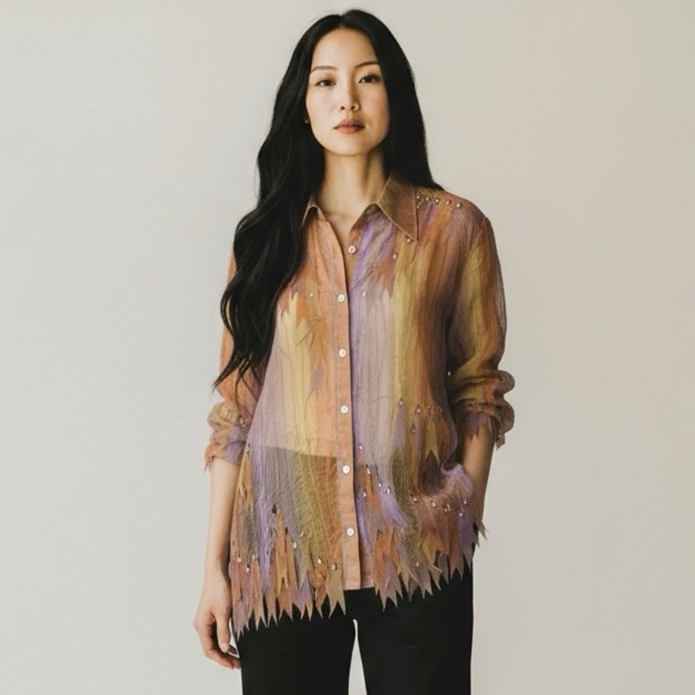 Vintage Y2K Piano Pleated Sheer Flame Appliqué Long Sleeve Blouse